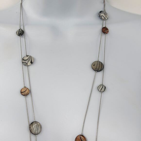 Christopher & Banks 36" Long Beaded Necklace with Black & Brown Swirl Design NWT - Picture 2 of 5